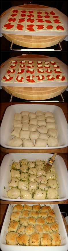 four pictures showing different stages of making pizzas