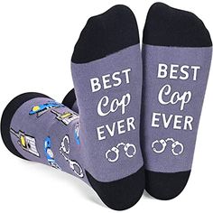 two pairs of socks with the words best cop ever printed on them, one is purple and