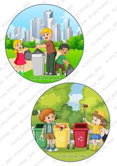 two stickers depicting children throwing garbage in the park and cleaning them with their hands