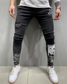 Men's Skinny  Slim Fit  Black Denim Pants Distressed Tapered Leg Jeans Black Jeans With Letter Print For Summer, Fitted Letter Print Denim Jeans, Black Non-stretch Distressed Jeans, Non-stretch Distressed Black Jeans, Trendy Fitted Jeans With Letter Print, Black Stretch Ripped Jeans, Stretch Ripped Black Jeans, Stretch Black Ripped Jeans, Ripped Non-stretch Pants For Streetwear