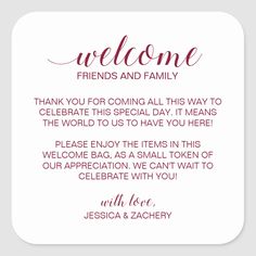 a wedding welcome card with the words,'welcome friends and family '