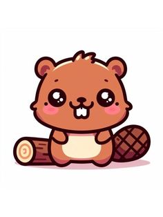 a cute brown bear sitting on top of a wooden log with its mouth open and eyes closed