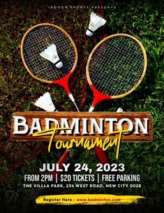 badminton tournament flyer with two racquets on the grass