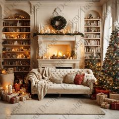 a living room decorated for christmas with presents and candles on the fireplace mantels