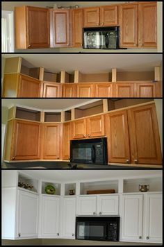 two pictures of the same kitchen cabinets and microwave