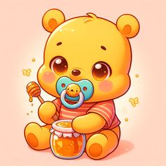 a cartoon bear with a pacifier in its mouth sitting on the ground next to a honey jar