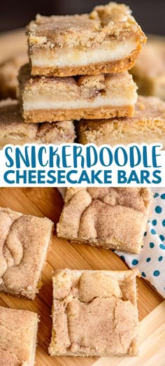 several slices of snickker doodle cheesecake bars stacked on top of each other