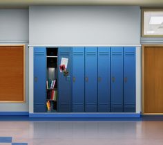 an empty room with lockers and bookshelves