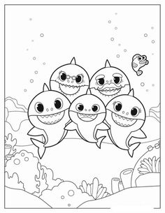 a group of cartoon sharks swimming in the ocean