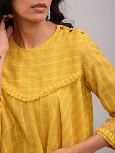 Yellow Asymmetrical Cotton Top with Tassels By The Neem Tree now available at Trendroots Bakra Eid, Tassel Lace, Kurta Patterns, Kurti Patterns, Kurti Designs Latest, Stylish Short Dresses, Cotton Kurti Designs, Batik Fashion, Casual Wear Dress