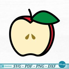 an apple with a green leaf on it's side and the word svg - png - dxf