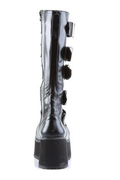 3 1/4" Platform Goth Punk Knee Boot 5 Buckled W/ Zipper - Fit Guide: Men's Sizes Shown (Women order 2 Sizes down) - Heel: 3 1/4" Platform - Brand: Demonia - Country of Origin: Imported Punk Leather Platform Boots For Club, Leather Punk Platform Boots For Club, Punk Style Leather Boots For Club, Punk Leather Boots For Club, Alternative Style Boots With Zipper Closure, Gothic Black Boots For Club, Black Punk Boots For Club, Punk Style Faux Leather Platform Boots, Black Alternative Style Faux Leather Platform Boots