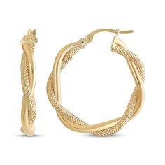 Watch as these mesh hoop earrings steal the show with a design that mesmerizes and intrigues. Made in responsibly sourced 100% repurposed 14K yellow gold Polished and mesh hollow tubes twist to create an eye-catching design 26 x 3.4mm Hinged backs Made in Italy From Reaura, KAY's first exclusive repurposed 14K gold collection Modern Twist Small Hoop Yellow Gold Jewelry, Yellow Gold Hoop Earrings With A Modern Twist, Yellow Gold Jewelry With Interwoven Design, Modern Twist Yellow Gold Hoop Earrings, Modern Twist Hoop Metal Jewelry, Modern Twist Metal Hoop Jewelry, Neil Lane Engagement Rings, Eternity Ring Gold, Trending Necklaces