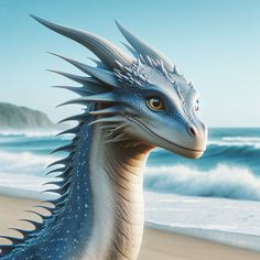 a close up of a dragon on a beach near the ocean