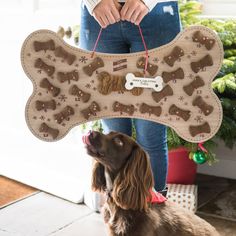 a woman holding a large bone shaped dog bone with dogs bones on it and christmas decorations around her