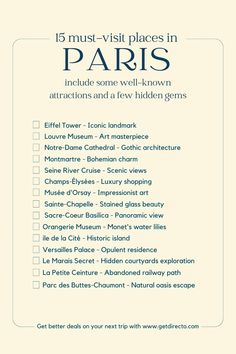 the paris travel guide is shown in blue and white, with text that reads 15 must - visit places in paris include some well known attractions and a few hidden gems