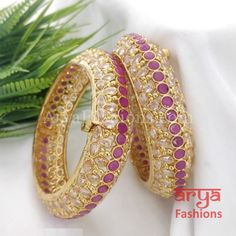 Golden Ruby Pink Polki Kada Pair of 2 Bangles Polki Kada, Gold Finish, Screw, Gold Bracelet, Ruby, Bangles, Size 2, Brass, Stone