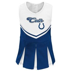 a women's cheerleader uniform with the word colts in blue and white on it