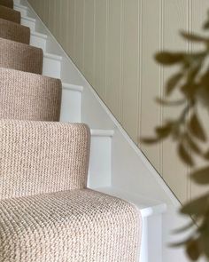 A close-up image of the stairs – the stairs themselves are painted in glossy white and decorated with a textured carpet runner (the Malabar Two Fold). The colour scheme is neutral and timeless. Cream Runner Stairs, Durable Carpet For Stairs, Loop Carpet Stairs, Cottage Stair Runner, Stairs Runner Landing, Cream Carpet Stairs, Wooden Stairs With Carpet Runner, Textured Carpet On Stairs, Plain Stair Runner