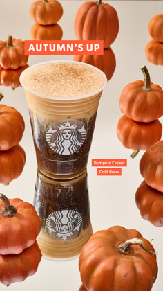 starbucks pumpkin flavored drink with the words autumn's up above it