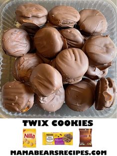 chocolate covered cookies in a plastic container with text overlay reading twix cookies