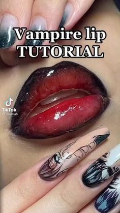 Nails For Vampire Costume, Goth Makeup Looks Tutorial, Gothic Lipstick Tutorial, Vampire Hair Tutorial, Lip Combos Red And Black, Goth Lips Tutorial, Vampire Lip Tutorial, Black And Red Lips Tutorial, Vampire Lipstick Tutorial