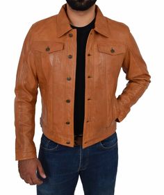 Men's Tan Trucker Jacket TheJacketFactory Casual Long Sleeve Biker Jacket With Button Closure, Casual Leather Jacket With Snap Buttons For Winter, Casual Winter Biker Jacket With Button Closure, Casual Collared Brown Biker Jacket, Casual Single Breasted Long Sleeve Biker Jacket, Casual Long Sleeve Single Breasted Biker Jacket, Rugged Single-breasted Outerwear For Fall, Rugged Single-breasted Fall Outerwear, Rugged Leather Jacket With Long Sleeves For Spring