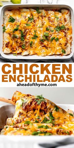 chicken enchiladas in a casserole dish with cheese and cilantro