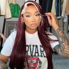 Straight Human Hair Wigs Burgundy Hair Wigs With Blonde Streaks Skunk Stripe Wig - reshine Blonde Skunk Stripe, Skunk Stripe, Wine Red Hair, Blonde Streaks, Hair Patterns, Virgin Hair Wigs, Burgundy Hair, Colored Wigs, Hair Color Highlights