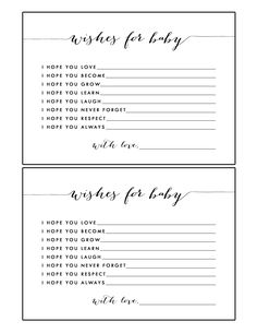 two black and white wedding advice cards with the words, wishes for baby on them