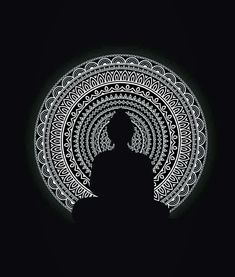 the silhouette of a person with an intricate pattern on their head, against a dark background