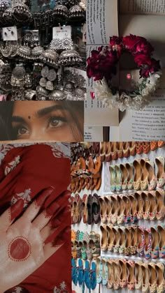 there are many different types of shoes and jewelry on the shelves in this collage