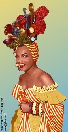 a woman wearing a yellow and red striped dress with an elaborate head piece on her head