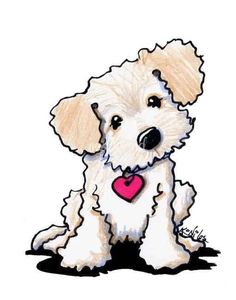 a drawing of a white dog with a heart in its mouth sitting on the ground