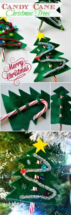 christmas tree made out of candy canes is shown in the process of making it