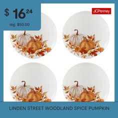 four plates with pumpkins and leaves on them for $ 16 each or $ 24