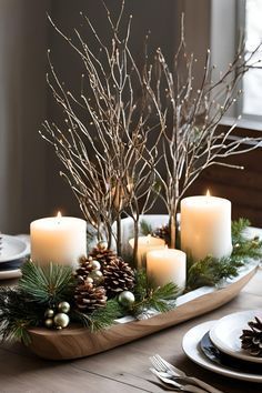 candles are sitting on a tray with evergreen branches and pine cones