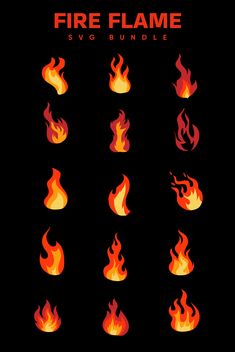 the fire flame svg bundle is shown in red and orange flames on black background