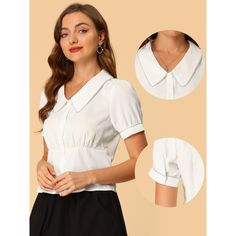 The Allegra K Casual Shirt for Women features a doll collar and puff short sleeves with button cuffs. This shirt is designed with contrast trim and a button-down front, made from lightweight fabric for a regular fit. The cropped design adds to your wardrobe choices for the upcoming seasons. The line decoration on the neckline and the V-neck design highlight the shirt's detailed and stylish look. Perfect for pairing with high-waisted pants and short skirts, this versatile shirt is suitable for va Office Tops With Peter Pan Collar And Buttons, Short Sleeve Blouse With Striped Collar For Work, Peter Pan Collar Tops With Buttons For Office, Fitted Button-up Top With Contrast Collar, Fitted Tops With Contrast Collar And Button-up, White Short Sleeve Blouse With Button Cuffs, Retro Short Sleeve Office Top, Retro Short Sleeve Top For Office, Fitted Tops With Detachable Collared Shape