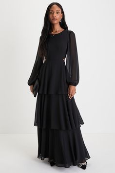 Modest Black Dress, Long Sleeve Flowy Dress, Maxi Dress Elegant, Long Sleeve Silk Dress, Winter Wedding Outfits, Chic Evening Dress, Formal Dresses With Sleeves, Tiered Maxi Skirt, Dress Flowy