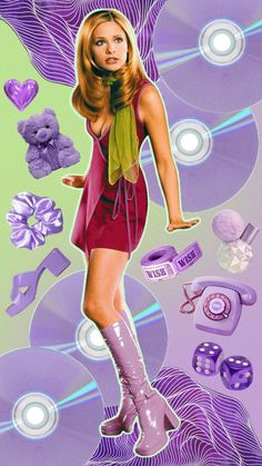 a painting of a woman in purple dress and boots with various items around her,