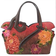 Retro Handmade 3D Embossing Flower Vintage Large Handbag Shoulder Bag Leather Bags Women, Tas Bahu, Genuine Leather Bags, Shoulder Messenger Bag, Pattern Floral, Vintage Handbags, Zipper Bags, Leather Bags, Womens Tote Bags