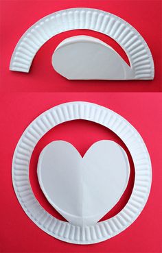 two paper plates with hearts cut out of them on a red background, one is empty and the other has a white heart