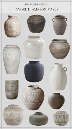 a bunch of vases that are all different colors and sizes, with the words favorite amazon