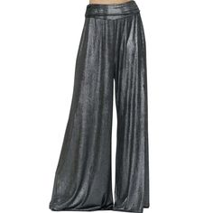 Women's Metallic Palazzo Pants with Fold Over Waist with Side Pockets Draped Fit in Gunmetal | Renee C. Style# 4568PT | Classy Cozy Cool Women's Made in America Clothing Boutique Elegant Metallic Wide Leg Pants, Elegant Metallic Wide-leg Pants, Glamorous Silver Wide-leg Pants, Metallic Wide-leg Sequin Pants, Silver Stretch Wide-leg Pants, Palazzo Style, America Outfit, Metallic Pants, Jumpsuit Men