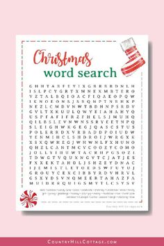 a christmas word search is shown on a pink background