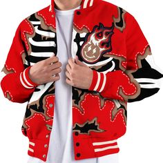 Brand Dunkare Low OG Howard University 1s Shirt Skeleton Smiley Face All Over Print Baseball Varsity Jacket Red Long Sleeve Outerwear With Graphic Print, Cotton Outerwear With Graphic Print For Sports Events, Sports Outerwear With Graphic Print And Crew Neck, Casual Long Sleeve Outerwear With Skull Print, Fall Sports Events Graphic Outerwear, Fall Graphic Print Outerwear For Sports Events, Red Crew Neck Outerwear For Streetwear, Cotton Long Sleeve Outerwear With Skull Print, Long Sleeve Cotton Outerwear With Skull Print