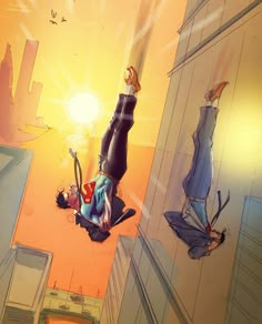 a person upside down on the ground in front of an orange wall with birds flying around