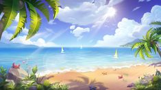 an animated beach scene with palm trees and sailboats in the water, on a sunny day