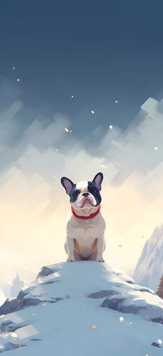 A wintry scene of a French Bulldog sitting on a rocky outcrop surrounded by a snowy landscape. Snowing Aesthetic Wallpaper, French Bulldog Wallpaper, Unique Wallpapers, Aesthetic Wallpaper Iphone, Wallpaper Android, Unique Wallpaper, Generative Art, Winter Theme, Android Wallpaper